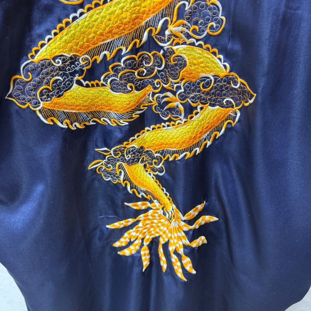 Navy Blue Gold Dragon Embroidered Satin Kimono Robe Asian Motif Reversible - Picture 9 of 15